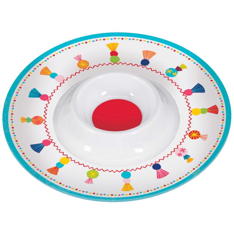Vibrant Fiesta Chip & Dip Bowl in durable melamine, perfect for snacks and dips at parties and gatherings.
