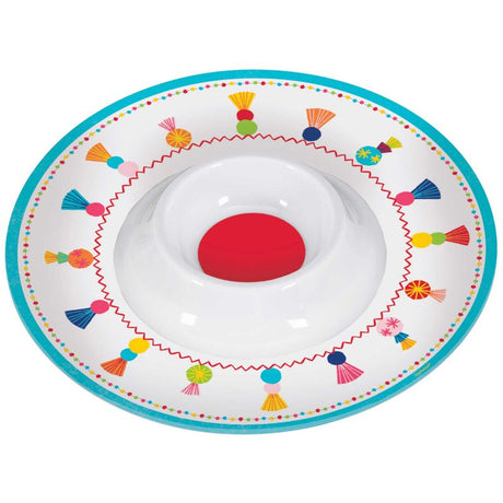 Vibrant Fiesta Chip & Dip Bowl in durable melamine, perfect for snacks and dips at parties and gatherings.