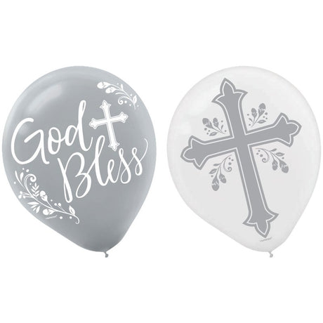 Vibrant 12-inch Holy Day God Bless latex balloons in a pack of 15, perfect for religious celebrations and events.