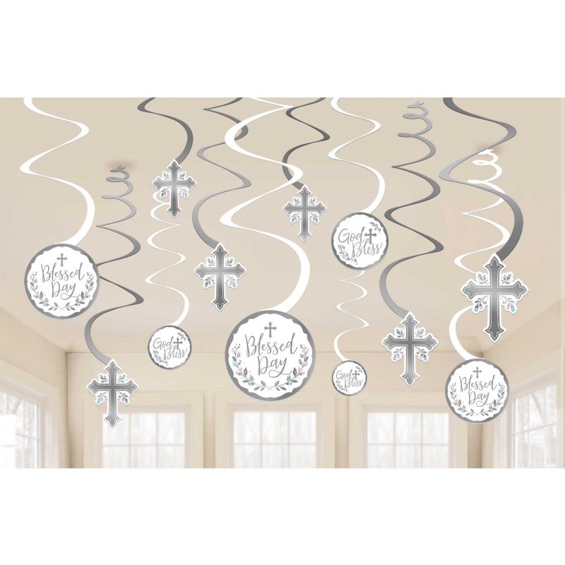 Colorful Holy Day Spiral Swirls Hanging Decorations, 12 vibrant spirals for festive party decor.