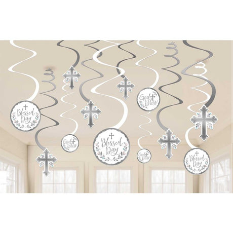 Colorful Holy Day Spiral Swirls Hanging Decorations, 12 vibrant spirals for festive party decor.