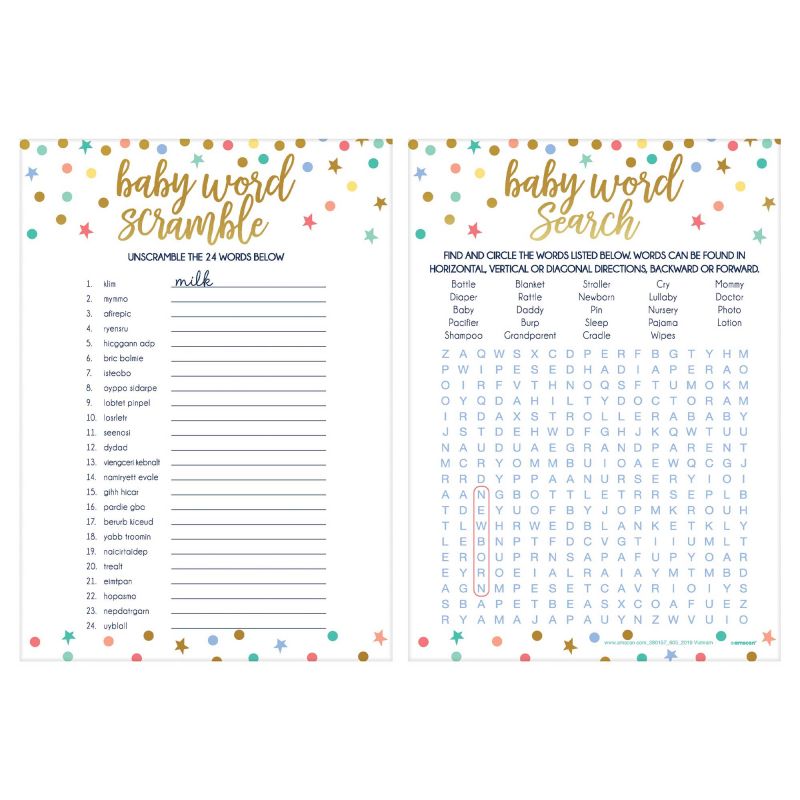 Pack of 24 Baby Shower 2 In 1 Word Games, featuring Baby Word Scramble and Word Search on double-sided cards.