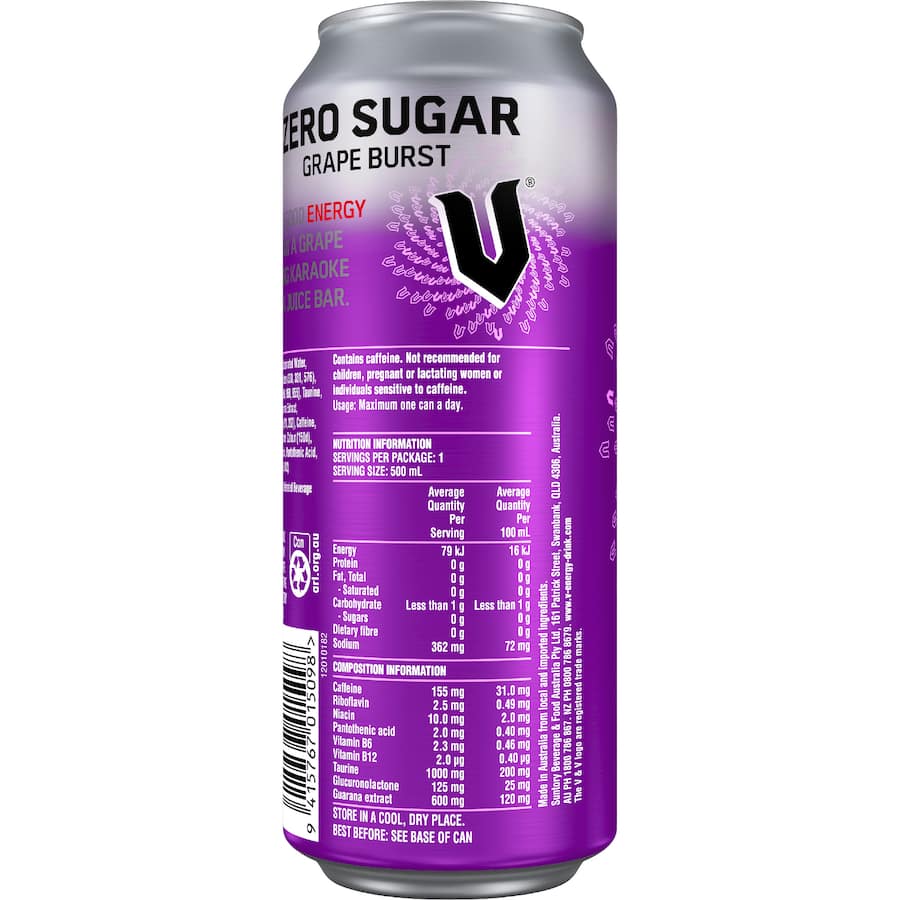 V Energy Drink Grape Zero Sugar 500mL