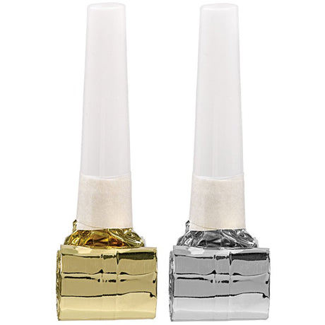 Pack of 8 fringed blowouts in silver and gold, 44cm long, perfect for adding fun to any birthday celebration.