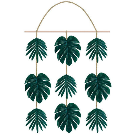 Aloha Palm Leaf Faux Hanging Decoration in plastic and wood, featuring a tropical design with a rustic rope hanger, 50cm x 43cm.