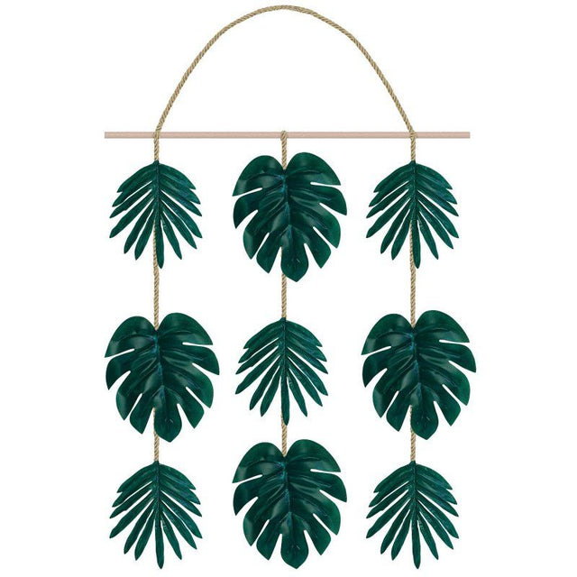Aloha Palm Leaf Faux Hanging Decoration in plastic and wood, featuring a tropical design with a rustic rope hanger, 50cm x 43cm.