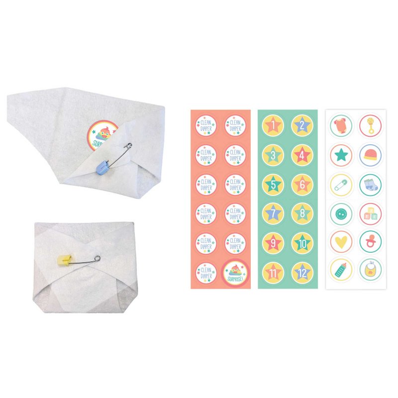 Pack of 15 Baby Shower Diaper Game with felt diapers, safety pins, and colorful stickers for fun festivities.