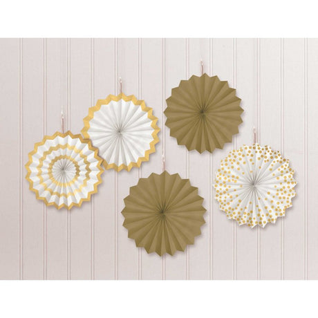 Elegant white and gold mini paper fans in a pack of 5, perfect for chic event decor and easy to hang.