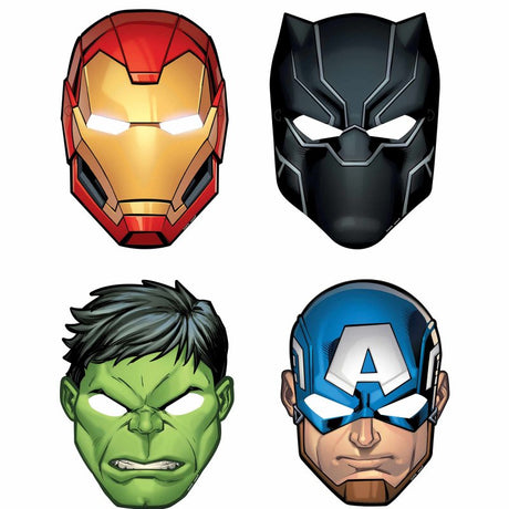 Pack of 8 lightweight Marvel Avengers paper masks featuring iconic superheroes, perfect for kids' parties and dress-up fun.