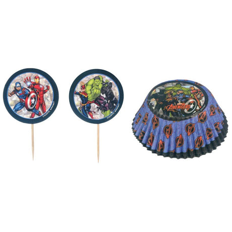 Marvel Powers Unite cupcake cases and picks set, 48-pack, perfect for superhero-themed parties and delicious treats.