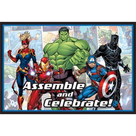 Vibrant Marvel Powers Unite postcard invitations, perfect for superhero parties, featuring iconic characters and extras included.