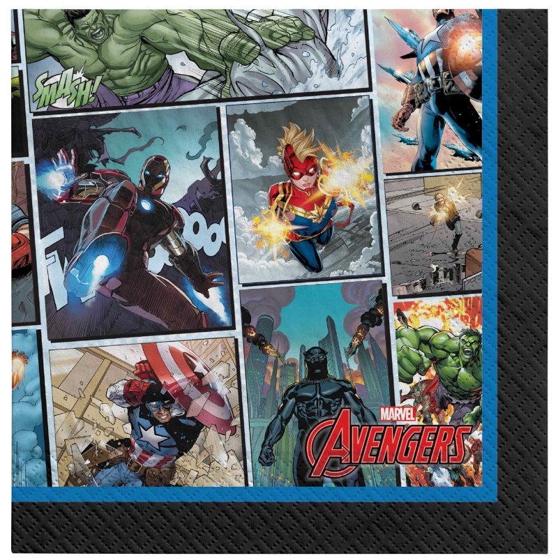 Vibrant Marvel Powers Unite beverage napkins featuring popular superheroes, perfect for themed parties and easy clean-up.