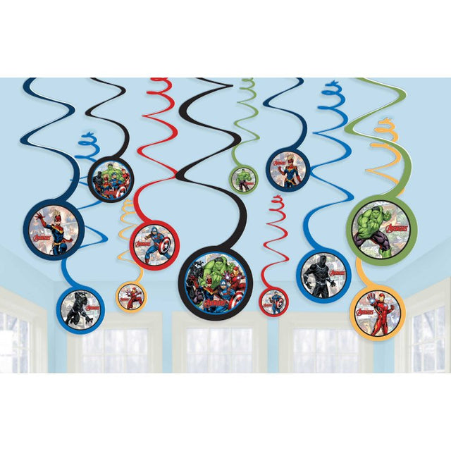 Vibrant pack of 12 spiral swirl decorations featuring colorful Marvel superhero cutouts for themed parties.