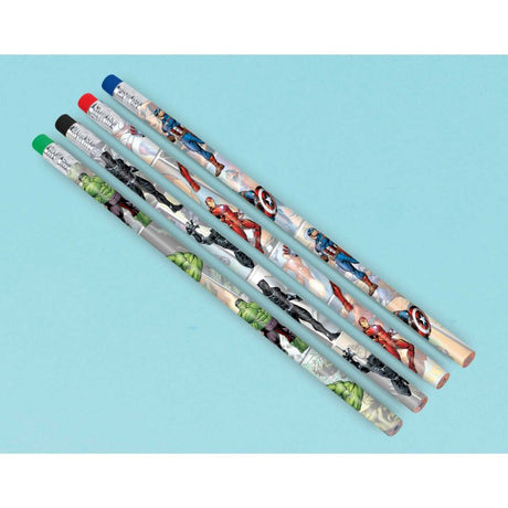 Pack of 8 vibrant Marvel-themed pencils featuring Spider-Man, Iron Man, and Captain America, perfect for kids' parties.