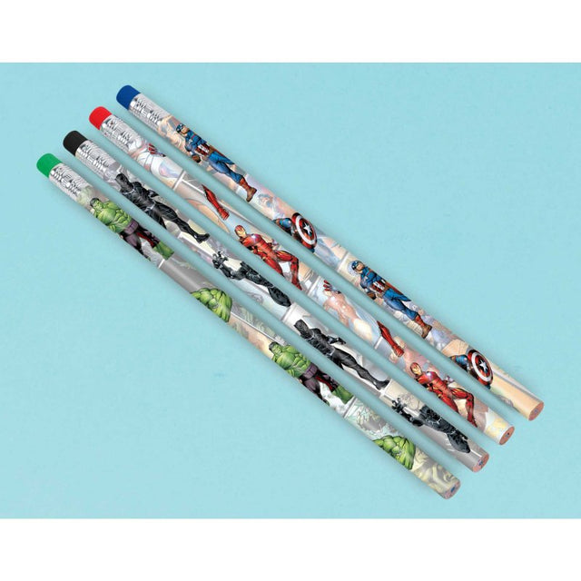 Pack of 8 vibrant Marvel-themed pencils featuring Spider-Man, Iron Man, and Captain America, perfect for kids' parties.