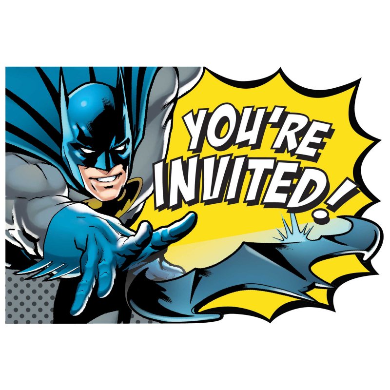 Batman Heroes Unite party invitations pack of 8 featuring vibrant Batman imagery, includes envelopes and seals for a themed celebration.