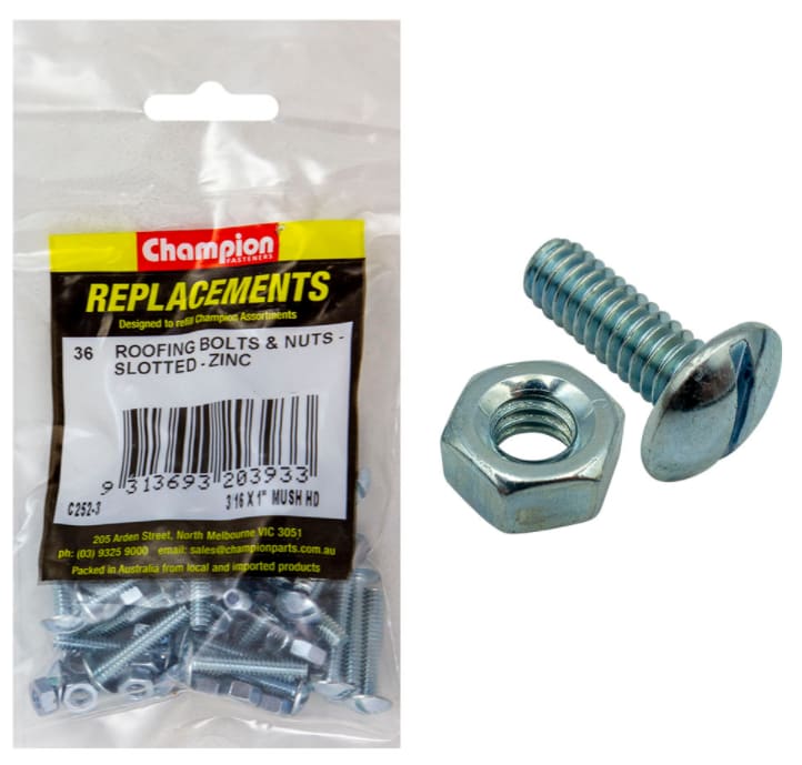3/16 x 1'' Mush HD Roofing Bolts & Nuts Zinc-36PK (Packet)