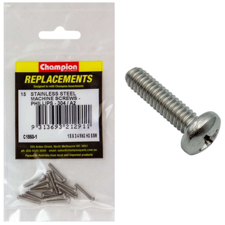 1/8 X 3/4 RND Stainless Steel Machine Screws-15PK (Packet)