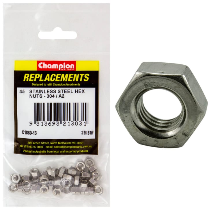 3/16 BSW Stainless Steel Hex Nuts-45PK (Packet)