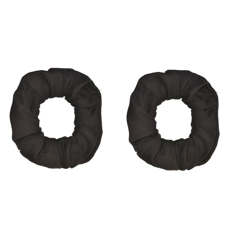 Two black hair scrunchies in a pack, ideal for securing ponytails and buns with a stylish and durable design.