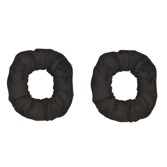 Two black hair scrunchies in a pack, ideal for securing ponytails and buns with a stylish and durable design.