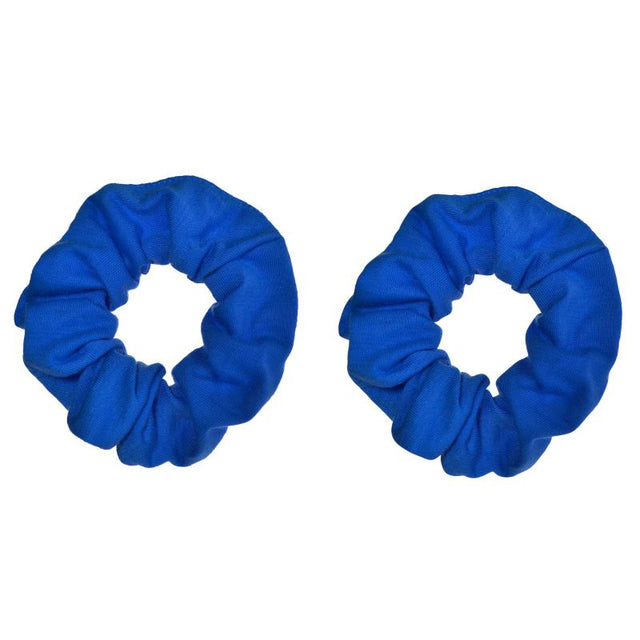 Pack of 2 blue hair scrunchies, soft fabric, elastic, perfect for stylish hair management for any occasion.
