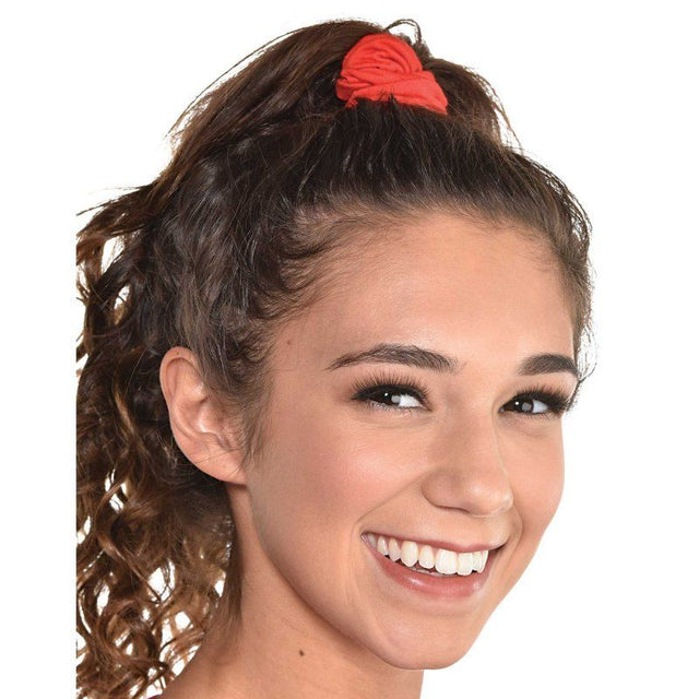 Pack of 2 vibrant red hair scrunchies made from soft, durable fabric for stylish and snag-free hairstyles.