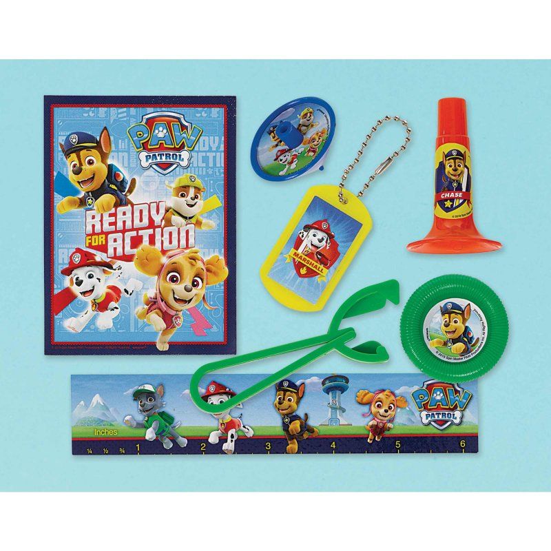 Paw Patrol Mega Mix Favor Pack with 48 vibrant party favors including disc shooters, keychains, rulers, and stickers.