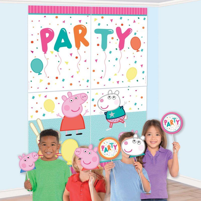 Peppa Pig themed party scene setter and photo props pack featuring fun characters and vibrant designs.