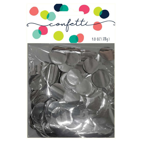 Silver metallic confetti circles (28g) for adding sparkle to parties, weddings, and festive events.