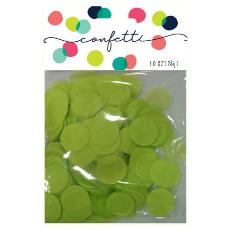 Bright lime green 2cm tissue paper confetti circles, perfect for party decor and creative projects, in a 28g pack.
