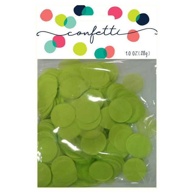 Bright lime green 2cm tissue paper confetti circles, perfect for party decor and creative projects, in a 28g pack.