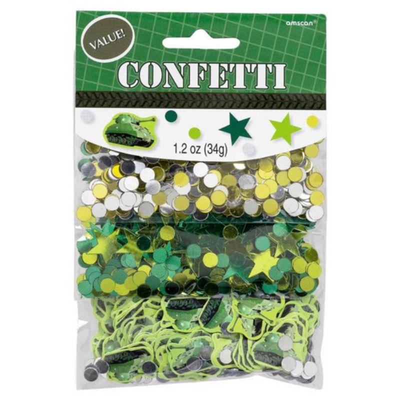 34g bag of camouflage confetti with foil and cardboard shapes, perfect for themed celebrations and enhancing party decor.