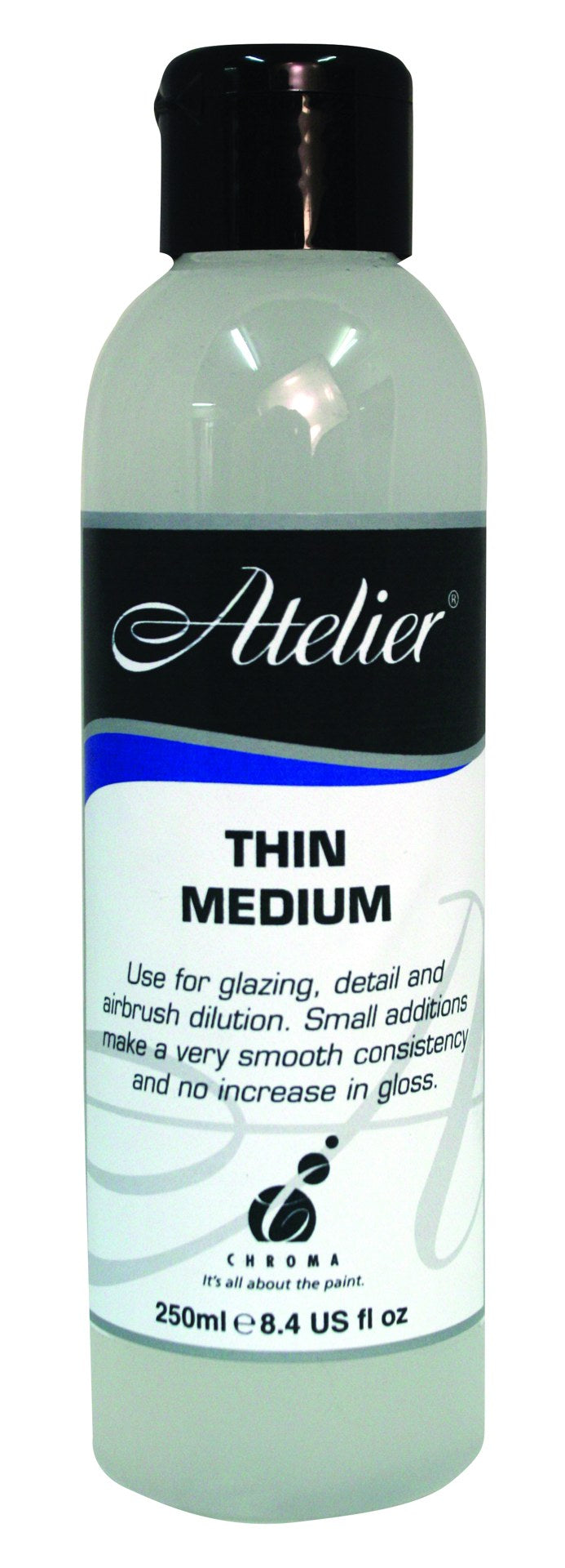 Atelier Thin Painting Medium 250ml enhances fluidity in acrylic and oil paints for detailed artwork and smooth glazes.