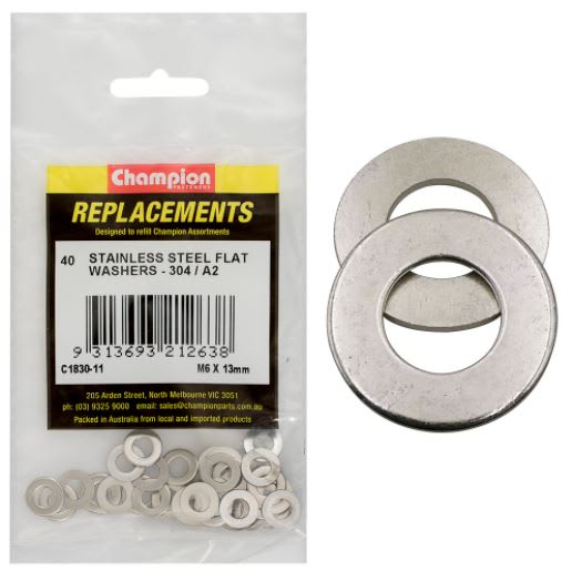 M6 x 13mm Stainless Flat Washer 304/A2 -40pk (Packet)