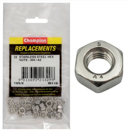 M6 x 1.00 Stainless Hex Nut 304/A2 -32pk (Packet)