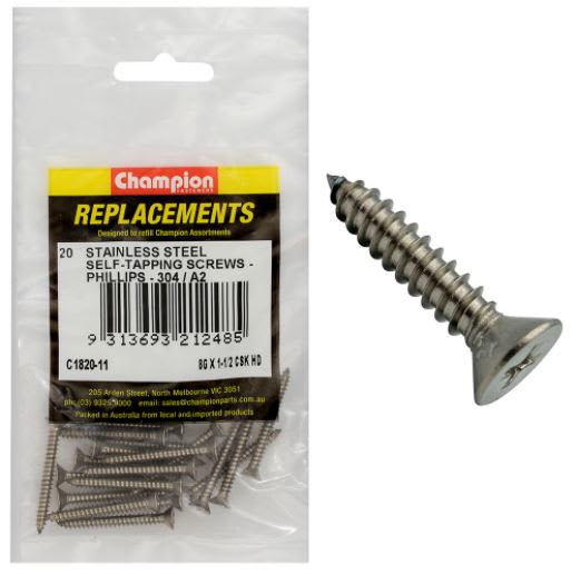 8G x 1-1/2" S/Tapping Screw Csk Hd PH 304/A2-20pk (Packet)