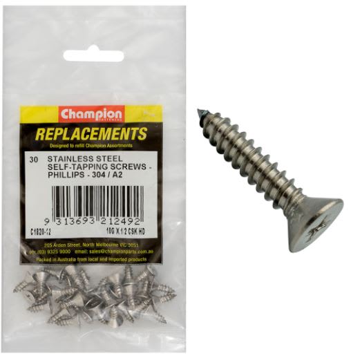 10G x 1/2" S/Tapping Screw Csk Hd Phillips 304/A2-30pk