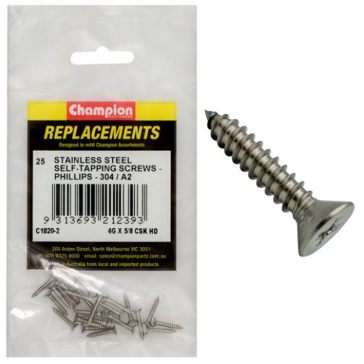 4G x 5/8" S/Tappg Screw Csk Hd Phillips 304/A2 (25pk)