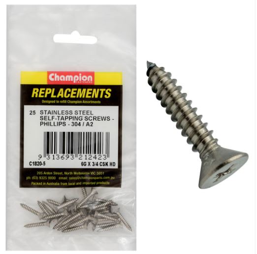 6G x 3/4" S/Tappg Screw Csk Hd Phillips 304/A2-25pk