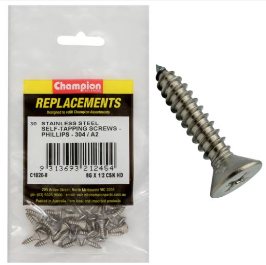 8G x 1/2" S/Tappg Screw Csk Hd Phillips 304/A2-30pk