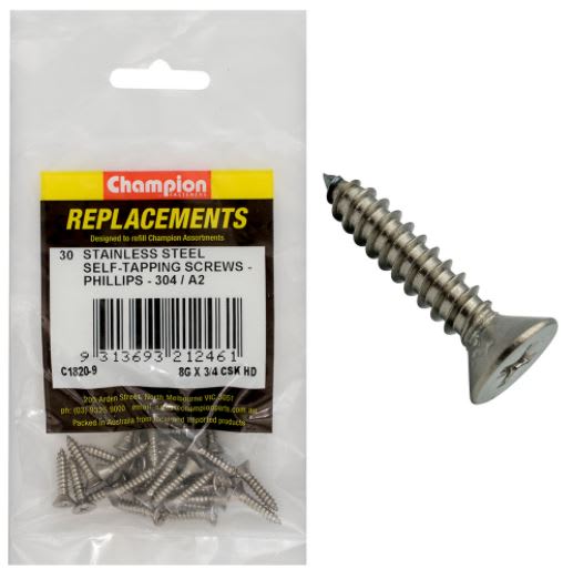 8G x 3/4" S/Tappg Screw Csk Hd Phillips 304/A2-30pk