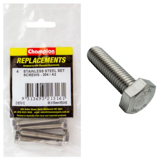 M8 x 50mm Stainless Set Screw 304/A2-4pk