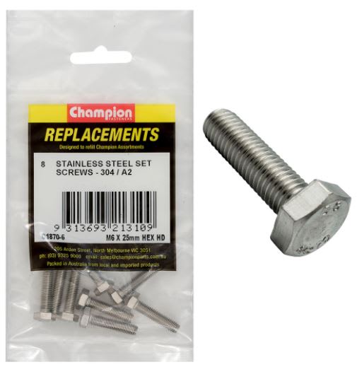 M6 x 25mm Stainless Set Screw 304/A2-8pk