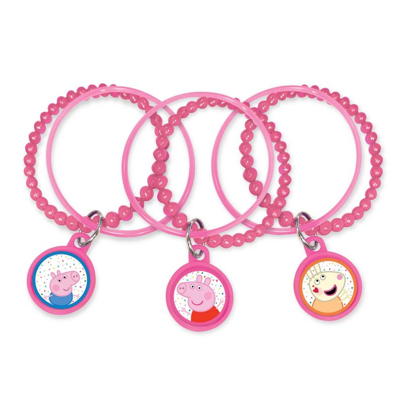 Pack of 8 Peppa Pig charm bracelets with colorful confetti design for kids' birthday party favors.