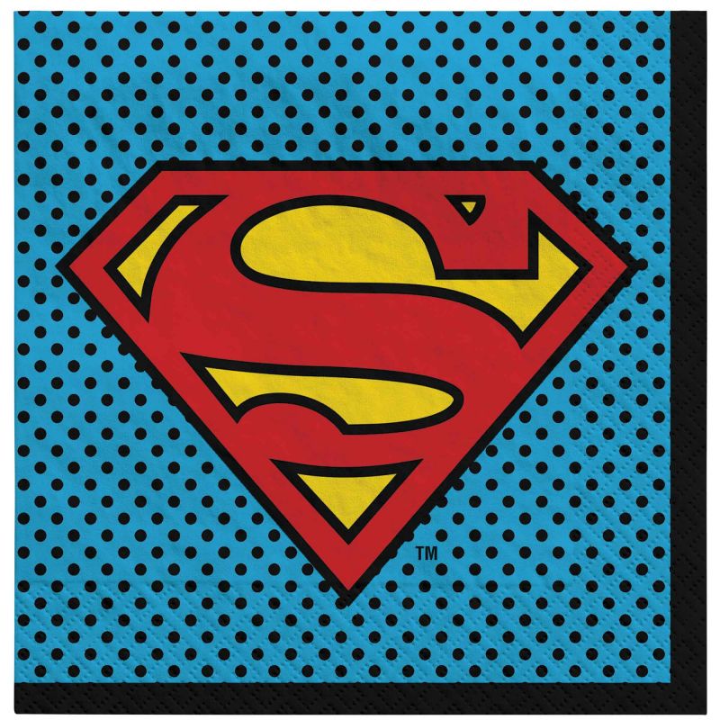Vibrant Superman-themed lunch napkins, 33 cm, pack of 16, perfect for superhero parties and events.