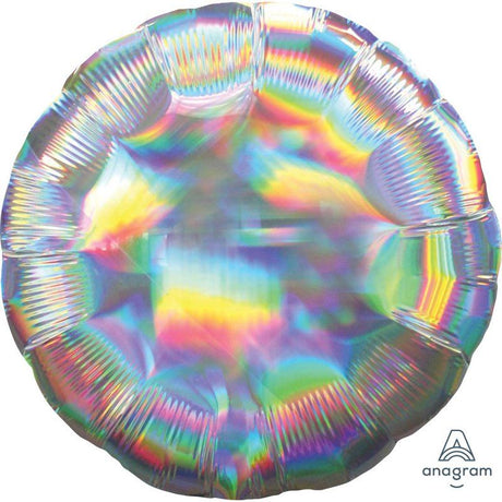 45cm holographic iridescent silver circle balloon, perfect for parties and decorations with a magical sparkle.