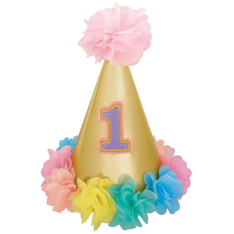 Festive 17cm cone hat for a first birthday girl, featuring vibrant colors and playful designs for a joyful celebration.