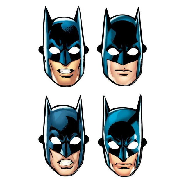 A pack of 8 Batman paper masks, perfect for parties and cosplay, featuring iconic designs and sturdy construction.