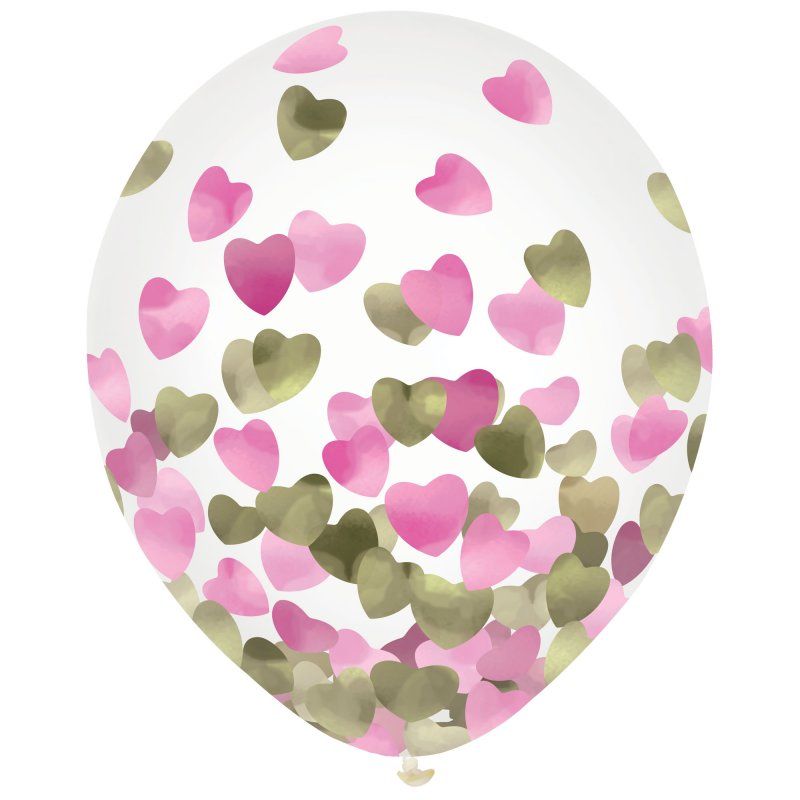 Pack of 6 vibrant 30cm latex balloons with confetti hearts, ideal for festive celebrations and party decor.